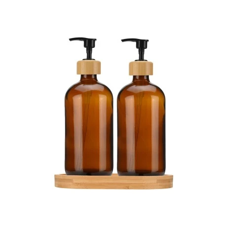 SOAP DISPENSERS BAMBOO ESSENTIALS GLASS 500ml SET 3 PCS. WITH BAMBOO TRAY