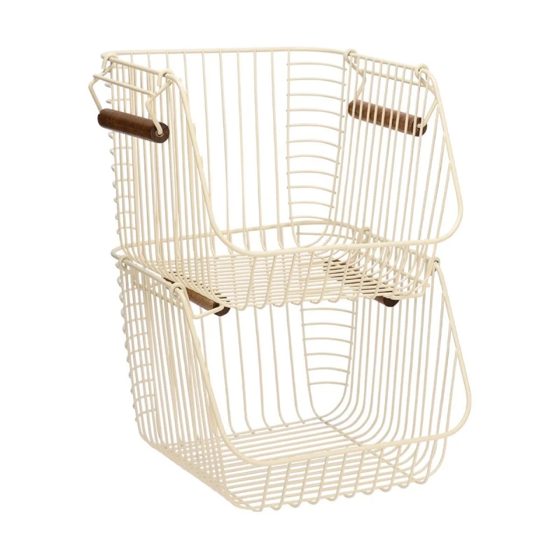 STORAGE BASKET ALLURE METALLIC WITH WOODEN HANDLES 26.5x29.5x21.5cm STACKABLE IVORY