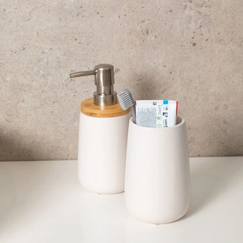 SOAP DISPENSER BAMBOO PORCELAIN 360ml WHITE