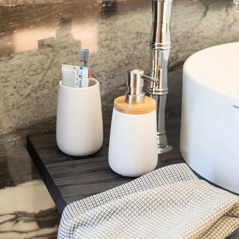 SOAP DISPENSER BAMBOO PORCELAIN 360ml WHITE