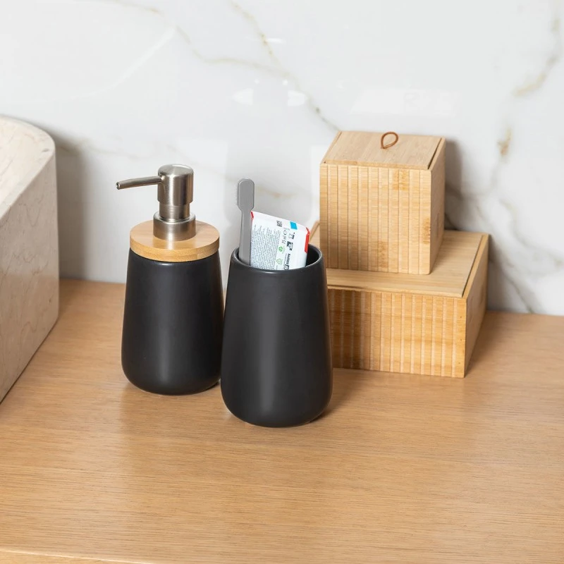 TOOTHBRUSH HOLDER BAMBOO PORCELAIN BLACK