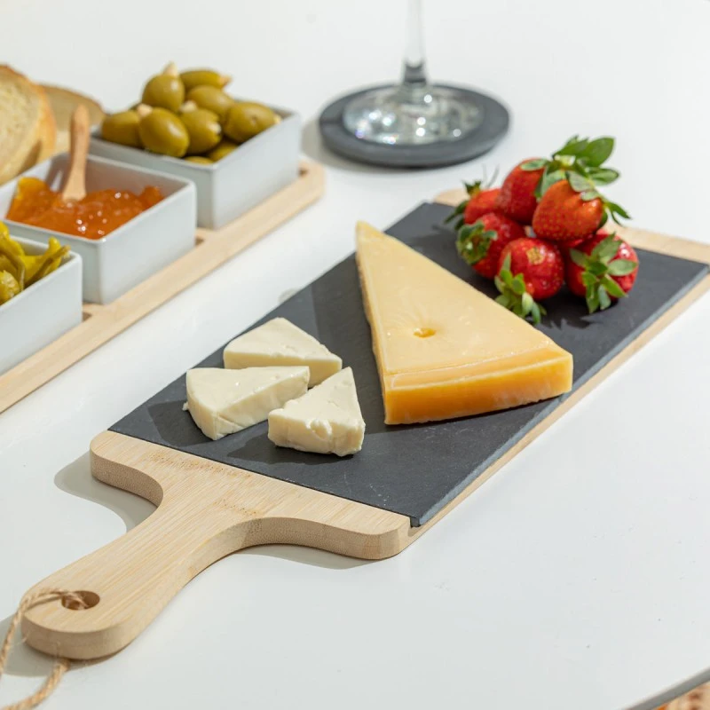 SERVING PLATE SLATE WITH WOODEN BASE 45x15cm