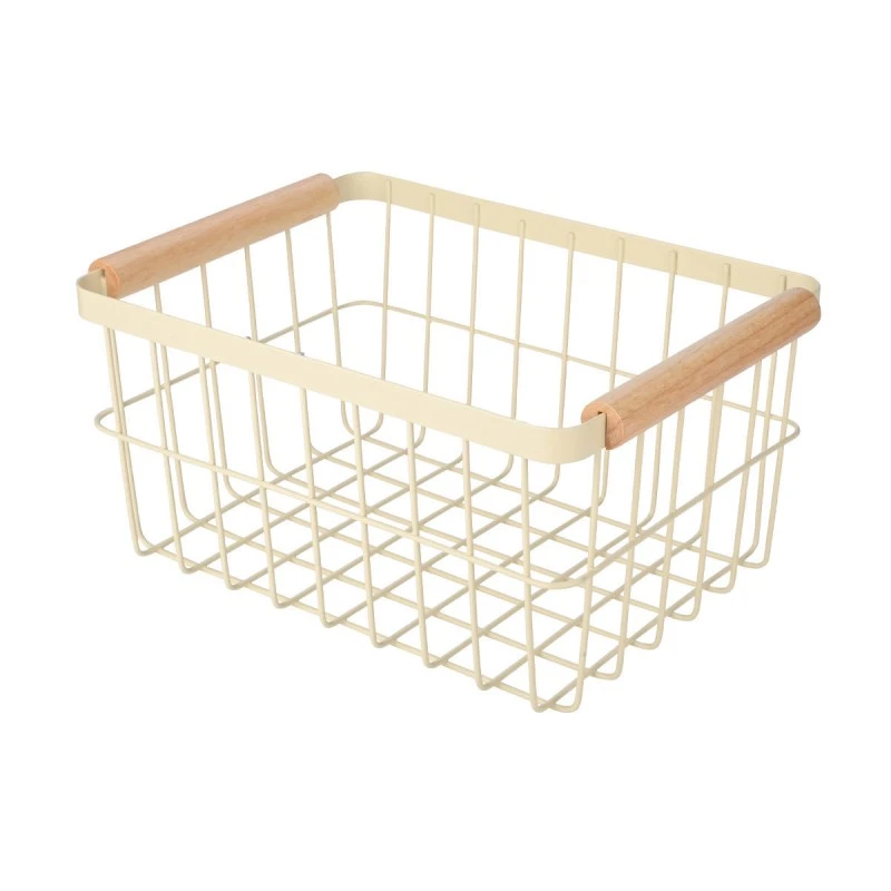 STORAGE BASKET ALLURE METALLIC WITH WOODEN HANDLES 28X20X14 IVORY