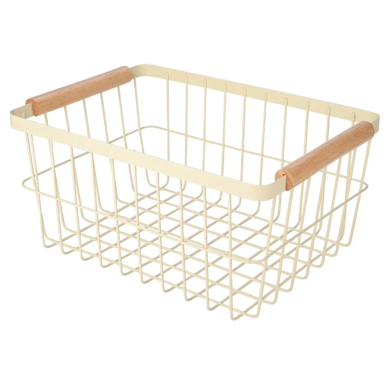 STORAGE BASKET ALLURE METALLIC WITH WOODEN HANDLES 33X22X15 IVORY