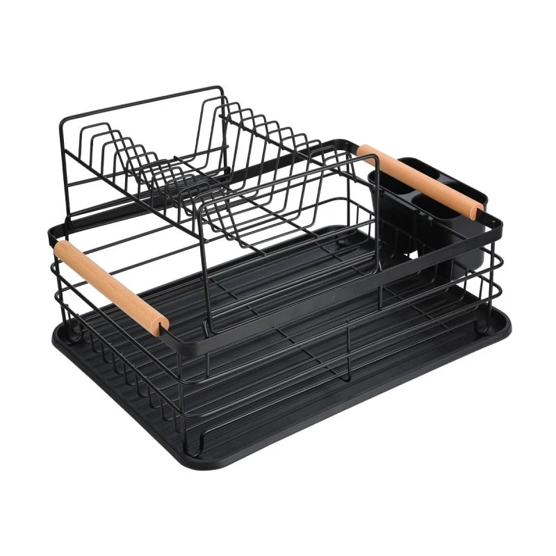 DISH RACK 2-TIER METALLIC BLACK WITH BAMBOO HANDLES