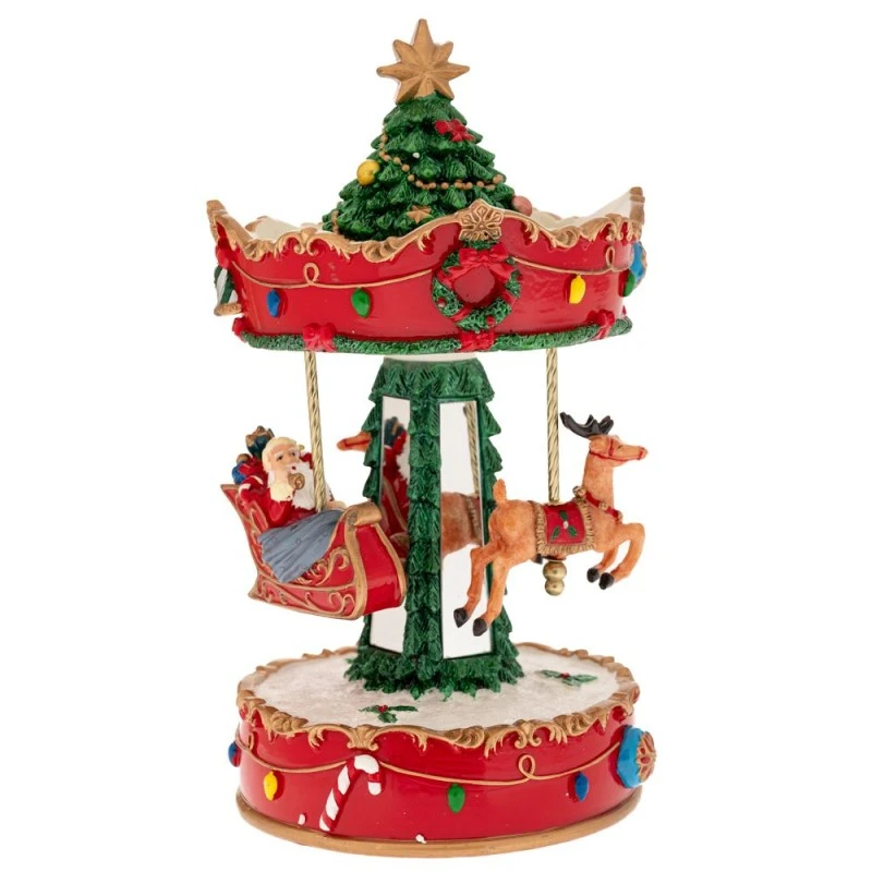 XMAS RED COLOUR RESIN WINDING CAROUSEL WITH 3 FIGURES, MUSIC AND MOVEMENT 12,5X12,5X23,5CM
