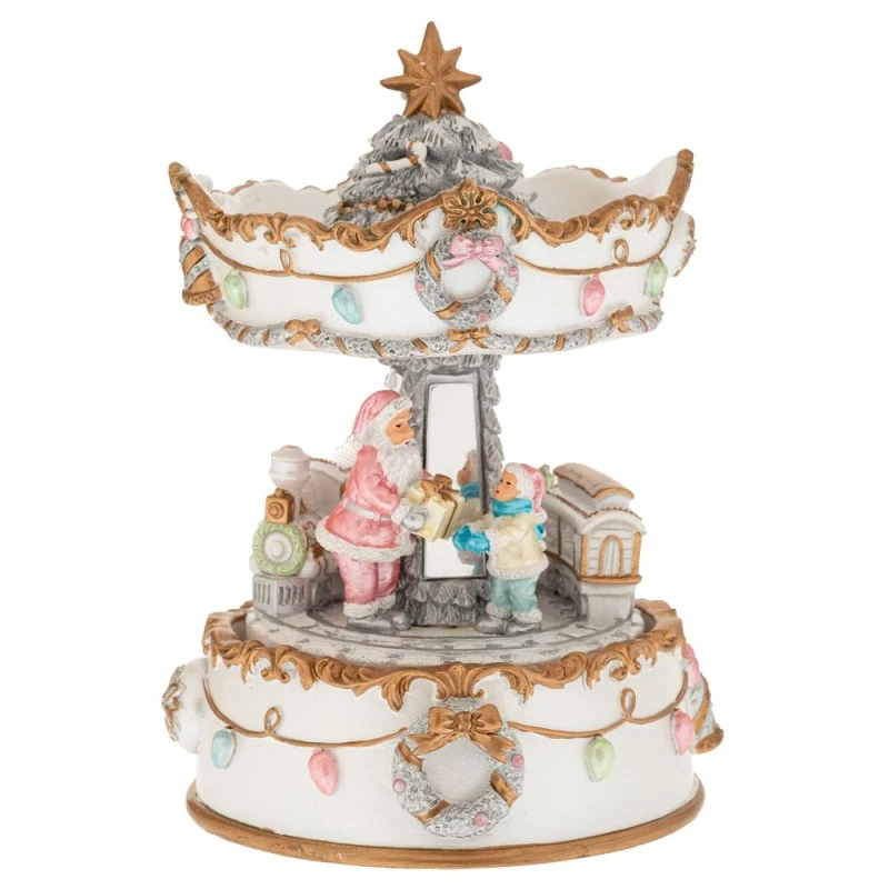 XMAS WHITE  GOLD RESIN WINDING CAROUSEL WITH HORSES, MUSIC AND MOVEMENT 15,5X14X17CM