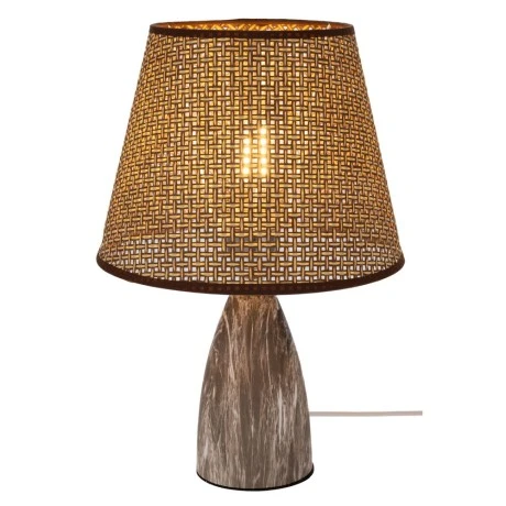 BROWN METAL LAMP WITH MARBLE EFFECT AND BEIGE AND WICKER HAT 36CM