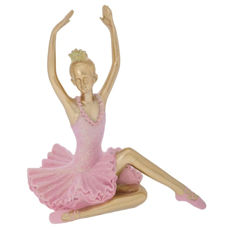 GOLD POLYRESIN BALARINA WITH PINK DRESS 16X10X17CM