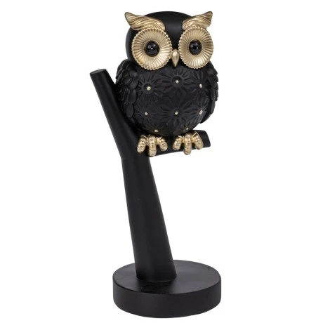 BLACK MATTE POLYRESIN OWL ON A LOG 12X11X27CM
