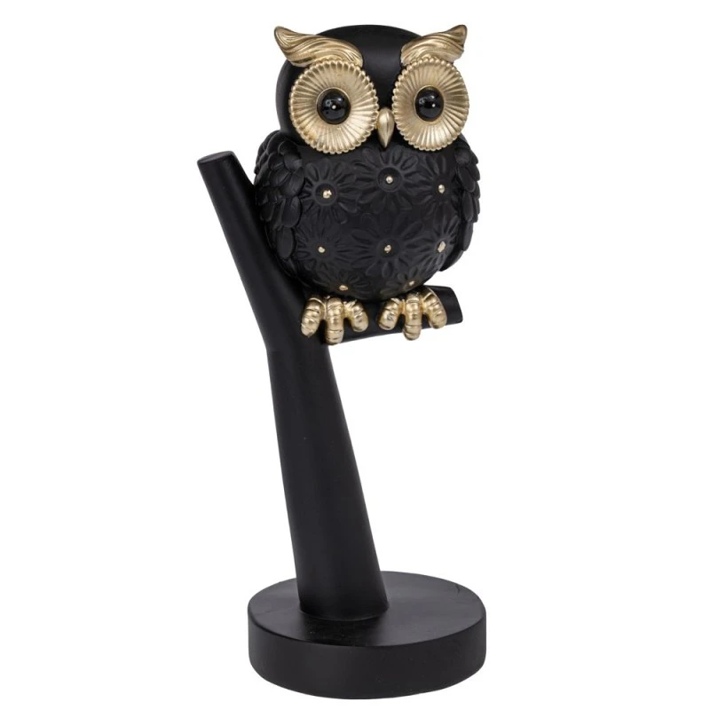 BLACK MATTE POLYRESIN OWL ON A LOG 12X11X27CM