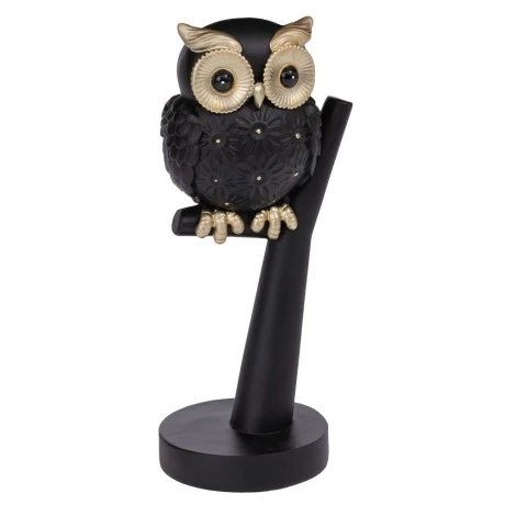 BLACK MATTE POLYRESIN OWL ON A LOG 10X8X22CM
