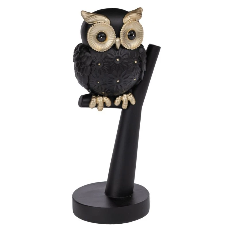 BLACK MATTE POLYRESIN OWL ON A LOG 10X8X22CM