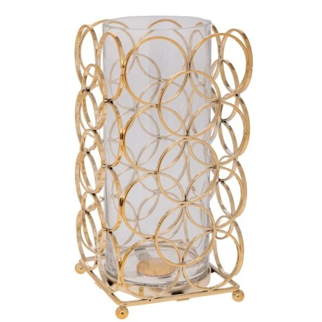 GOLD METAL CANDLESTICK WITH HOOPS AND TRANSPARENT GLASS 13X13X25CM