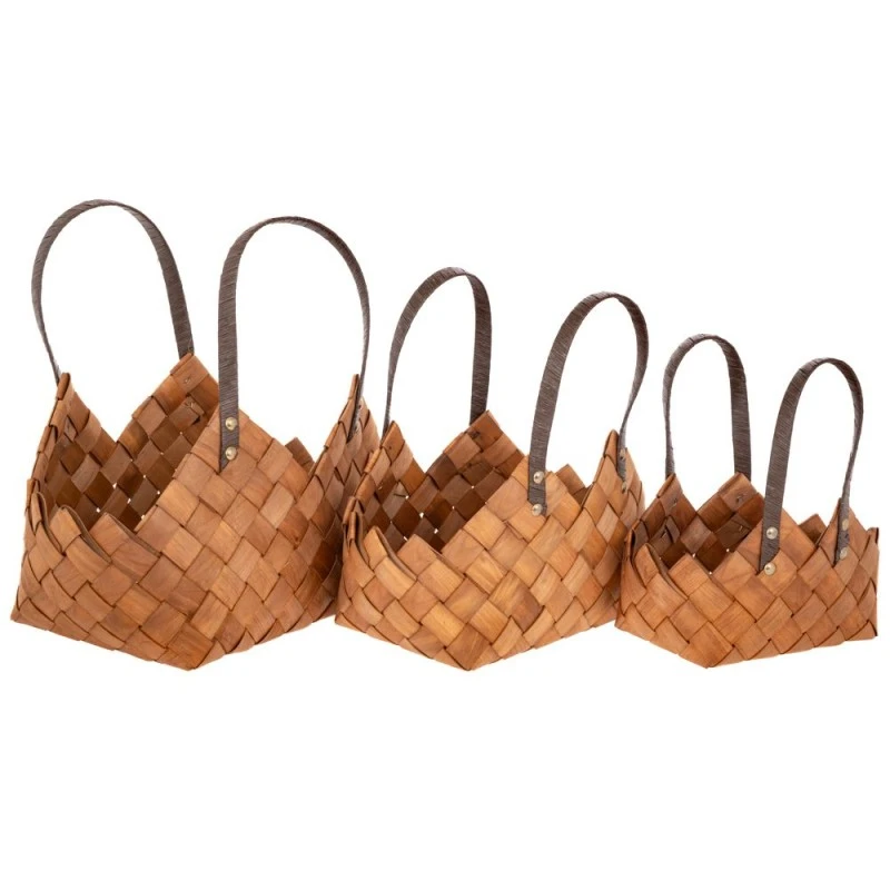 SET 3 BROWN BRAIDED BAG WITH LEATHETR HANDLE 33X23X37 29X18X29 24X14X21CM