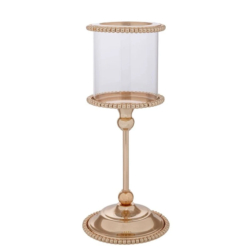 GOLD METAL CANDLEHOLDER WITH GLASS 14X14X29,5CM