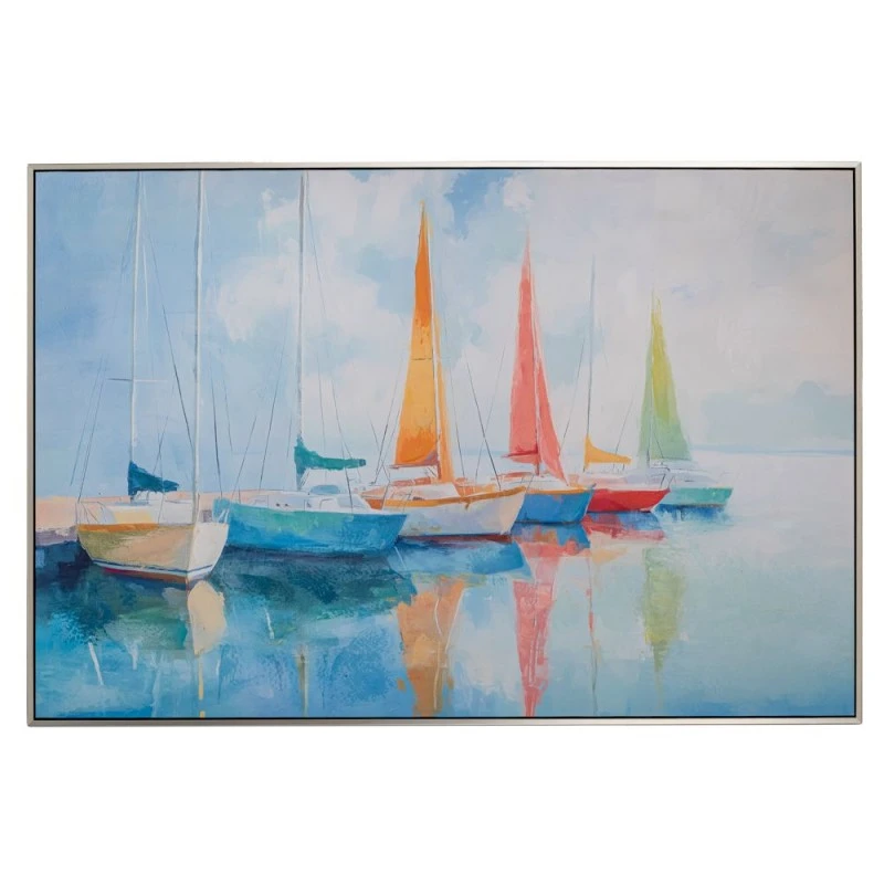 BOATS PAINTING ON PRINTED CANVAS WITH BLACK SILVER FRAME 120X80CM