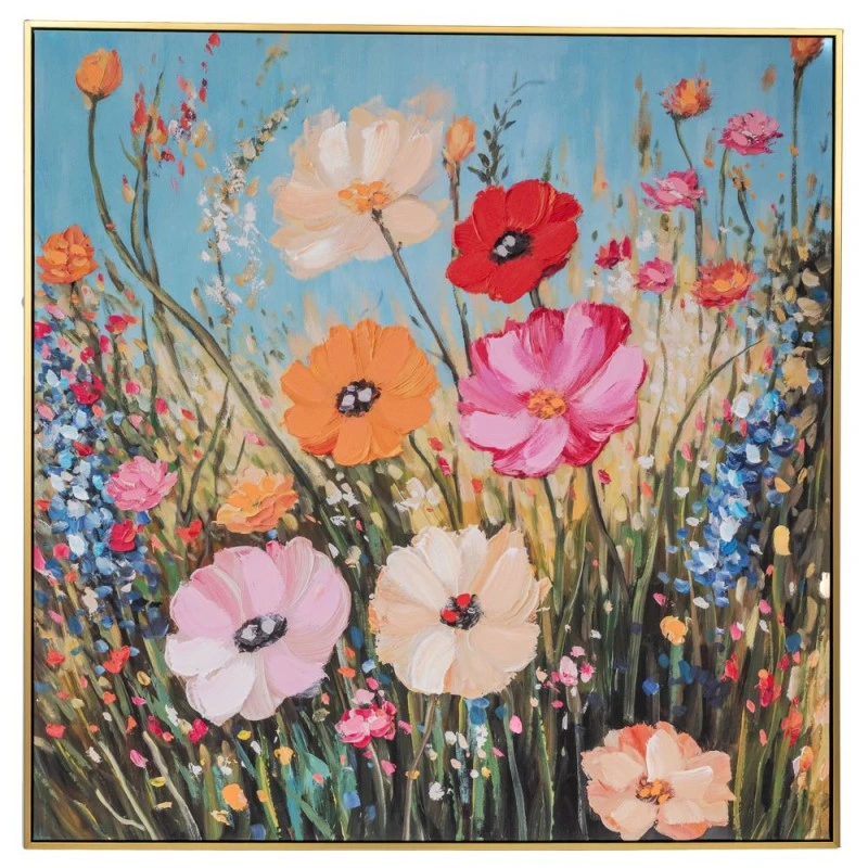 FLOWERS PAINTING ON PRINTED CANVAS WITH GOLD NATURAL FRAME 100X100CM