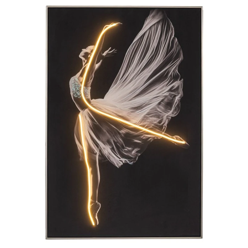 BALLERINA WITH LED LIGHT PAINTING WITH SILVER FRAME ON PRINTED CANVAS 80X120CM