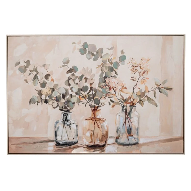 VASES WITH FLOWERS PAINTING ON PRINTED CANVAS WITH WHITE WASHING LOOKING FRAME 120X80CM