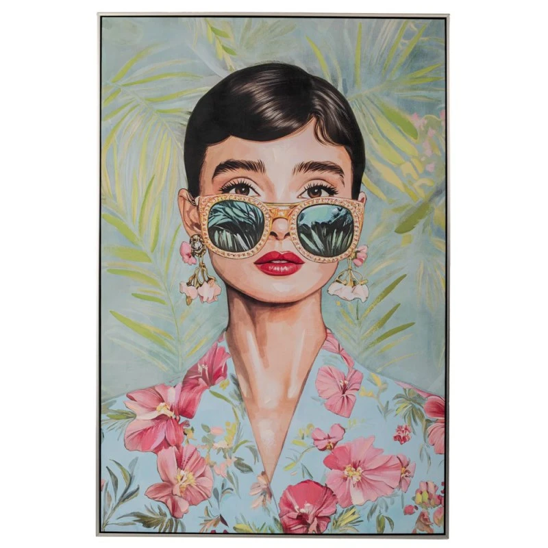 BRUNETTE FEMALE FIGURE PAINTING ON PRINTED CANVAS WITH SILVER FRAME 80X120CM