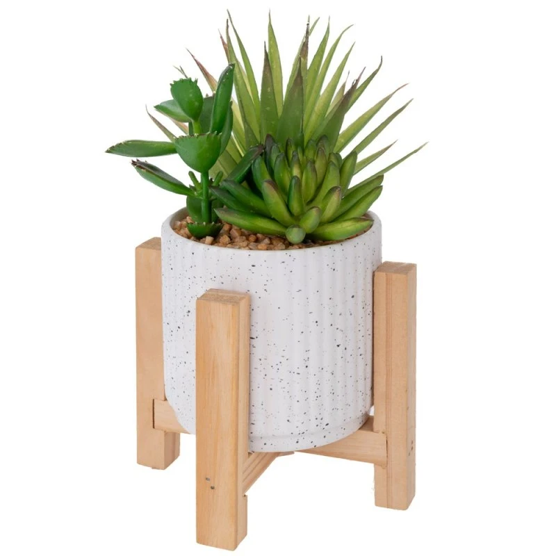 GRASS IN CERAMIC POT ON WOODEN LEGS 10X9X18CM