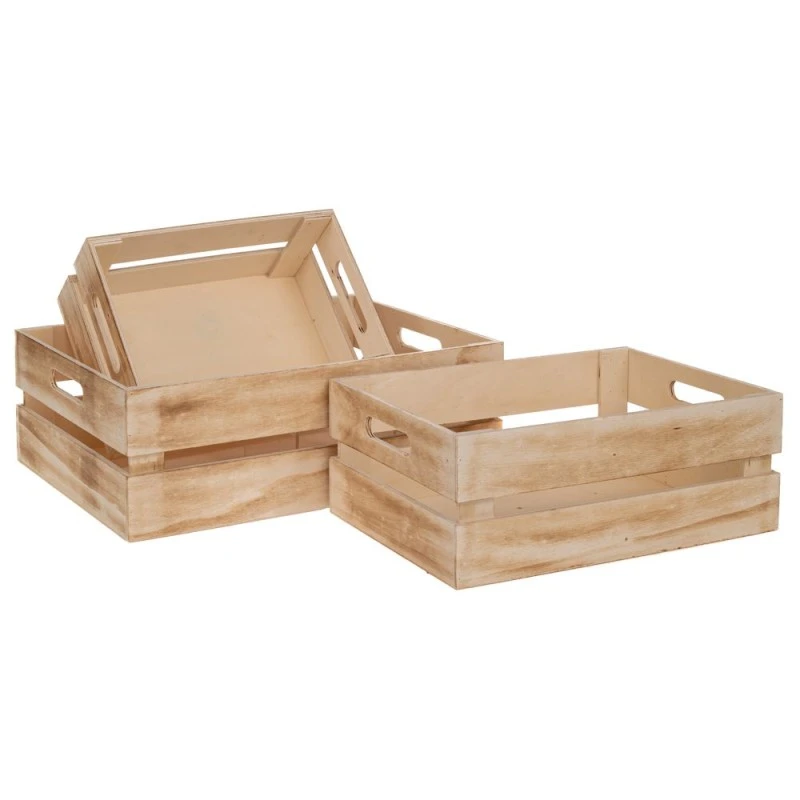 SET 3 NATURAL WOODEN CRATE 38X18X13 33X23X12 27X18X10CM