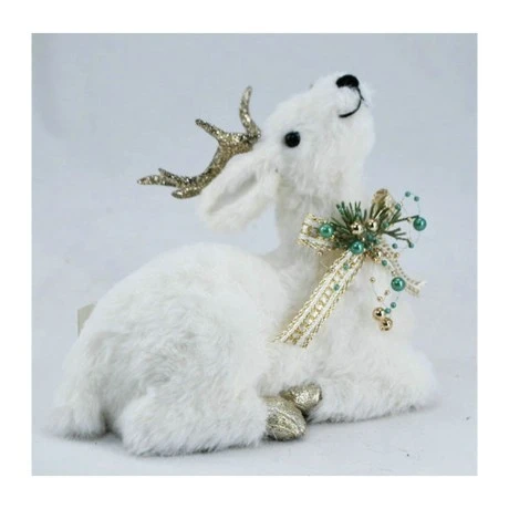 XMAS SITTING WHITE DEER WITH GOLD ANTLERS AND GOLD PICΚ ON NECK 22X16,5X18,5CM