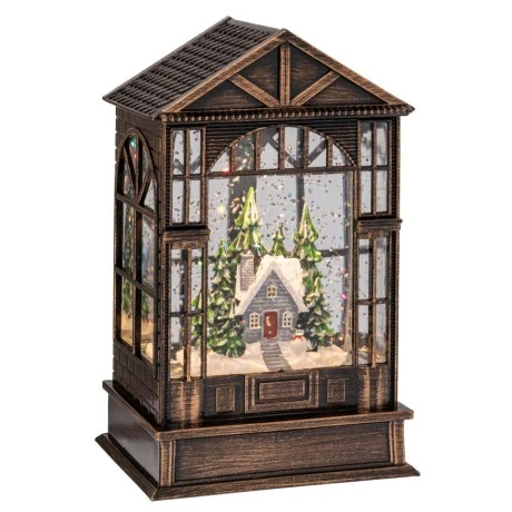 XMAS BROWN PLASTIC HOUSE WITH LED ROTATED GLITTER 10X7.5X16CM.BATTERY(3XAAA)+USB