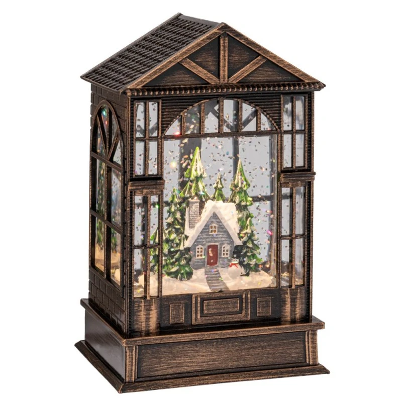 XMAS BROWN PLASTIC HOUSE WITH LED ROTATED GLITTER 10X7.5X16CM.BATTERY(3XAAA)+USB