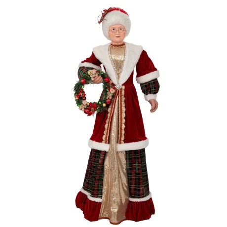 XMAS MRS SANTA IN RED GOLD COLOR HOLDING A WREATH 150CM