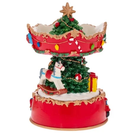 XMAS RESIN WINDING CAROUSEL IN RED COLOR WITH HORSE, MUSIC AND MOVEMENT D12X16,5CM