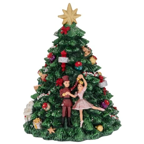 XMAS GREEN POLYRESIN WINDING TREE WITH NUTCRACKER AND DANCER AND MUSIC D12X16CM