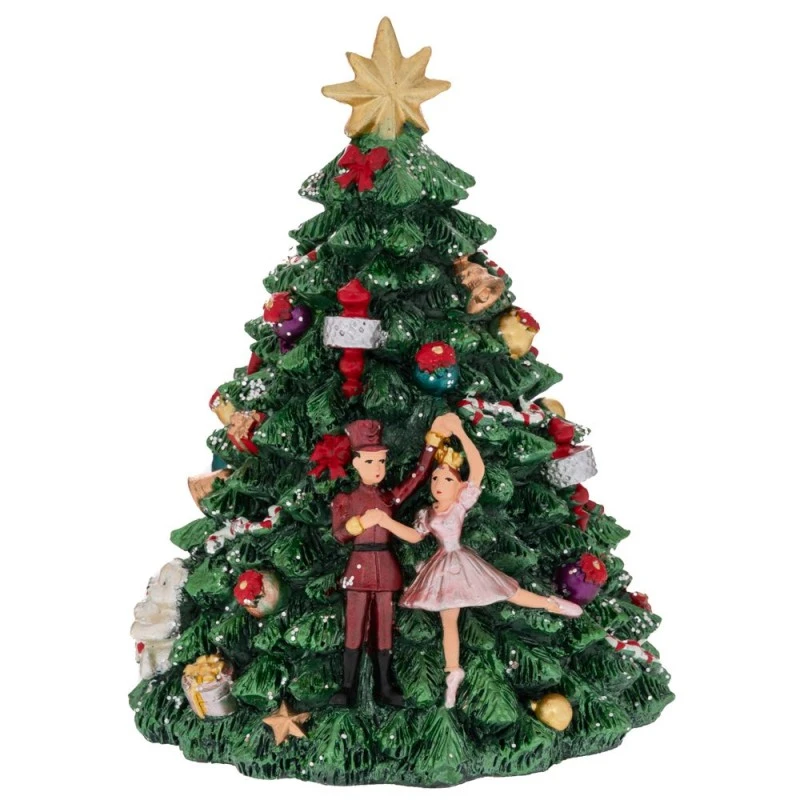 XMAS GREEN POLYRESIN WINDING TREE WITH NUTCRACKER AND DANCER AND MUSIC D12X16CM