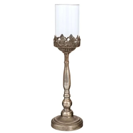 DECO SILVER METAL CANDLE HOLDER WITH GLASS 11,5X11,5X46CM