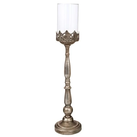 DECO SILVER METAL CANDLE HOLDER WITH GLASS 11,5X11,5X56,5CM