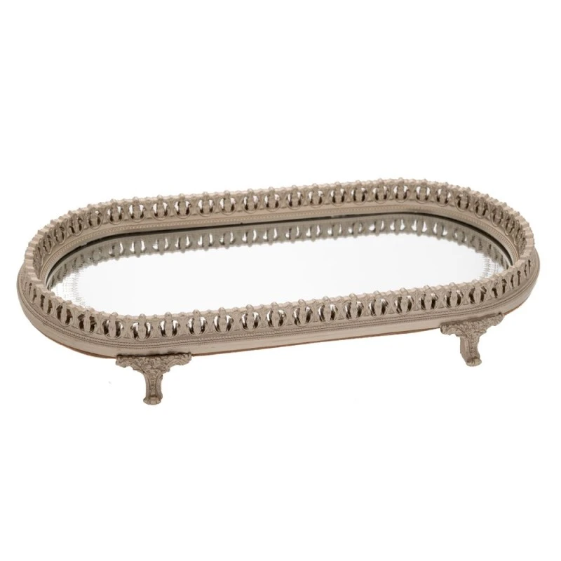 DESO SILVER POLYRESIN TRAY WITH MIRROR 41X20X6CM