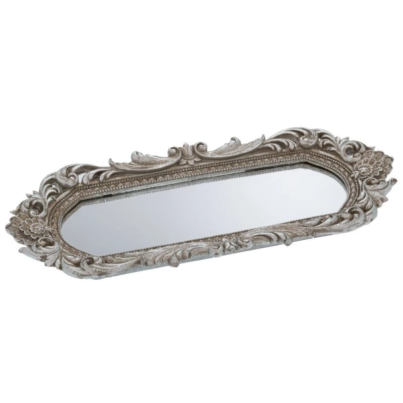 DECO SILVER RESIN TRAY WITH MIRROR 33,5Χ14X2,5CM