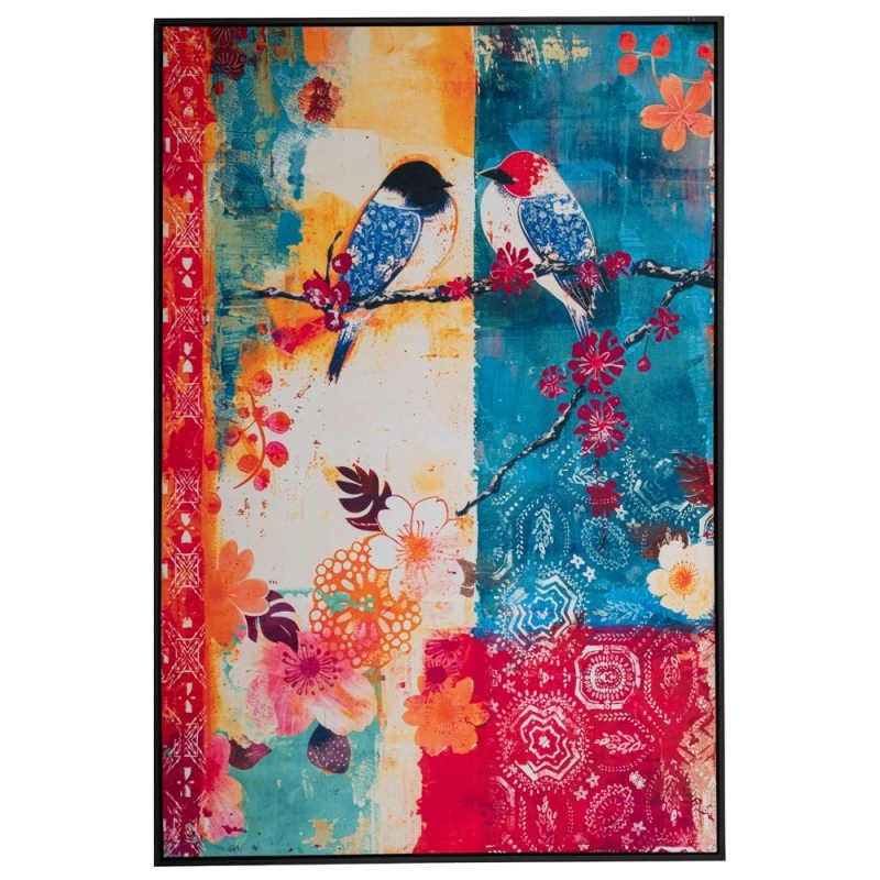 COLORFUL BIRDS PAINTING 83X123CM WITH BLACK FRAME ON PRINTED VELVET CANVAS