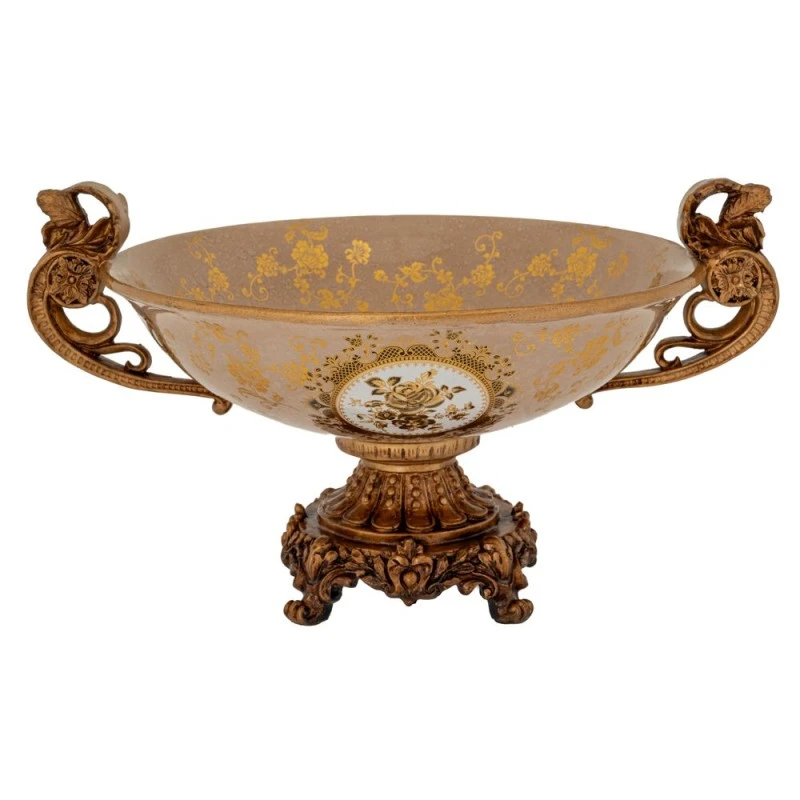 DECO POLYRESIN PLATE WITH FLOWERS AND GOLD HANDLES D39X22CM