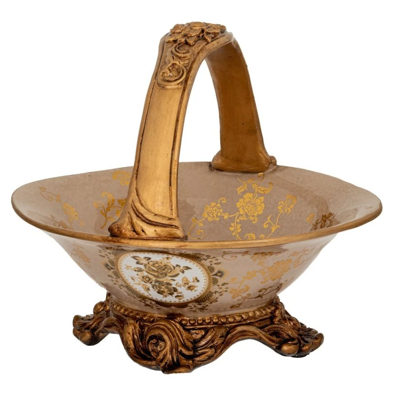 DECO POLYRESIN FLORAL PLATE WITH GOLD HANDLE 23X24CM