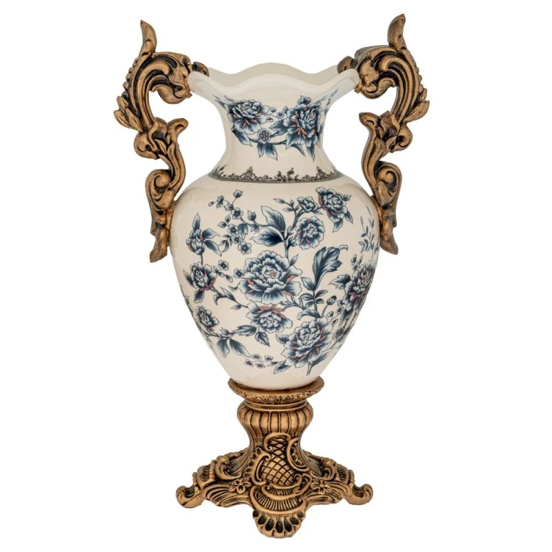 DECO POLYRESIN FLORAL VASE WITH GOLD HANDLES 27X42CM