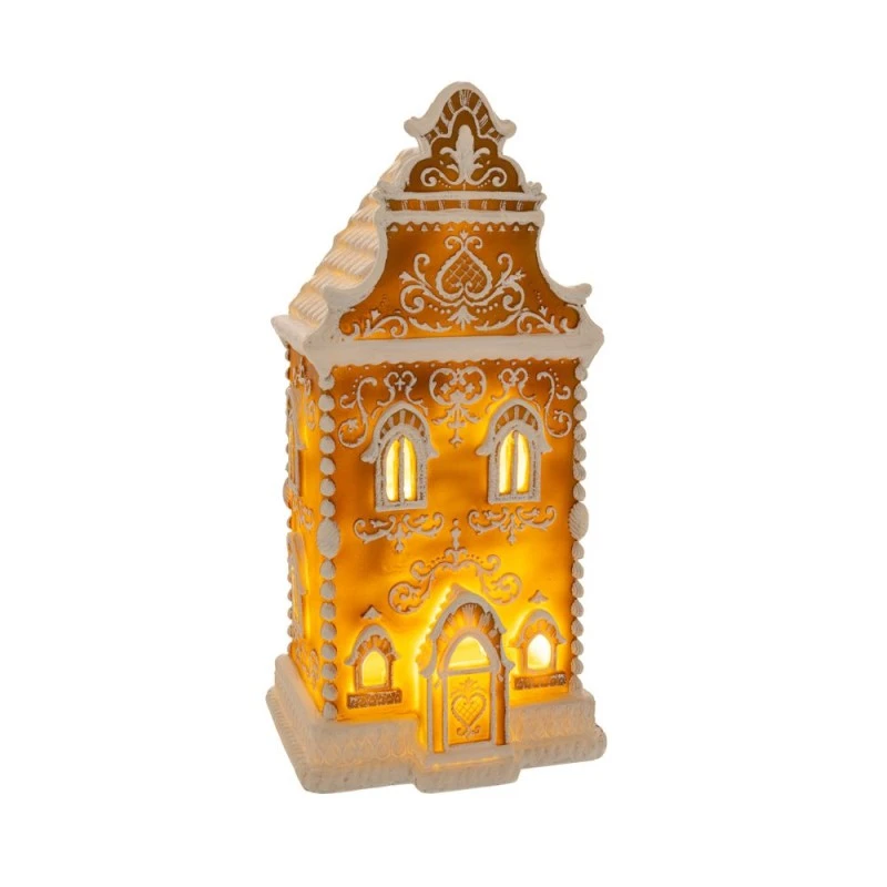 XMAS RESIN GINGERBREAD HOUSE BROWN WHITE WITH LED, 16.8X14.2X34.3CM.