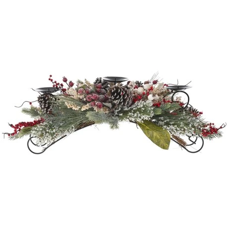 GREEN CANDLE HOLDER WITH CREAM AND RED BERRIES AND PINE CONES 65X25CM