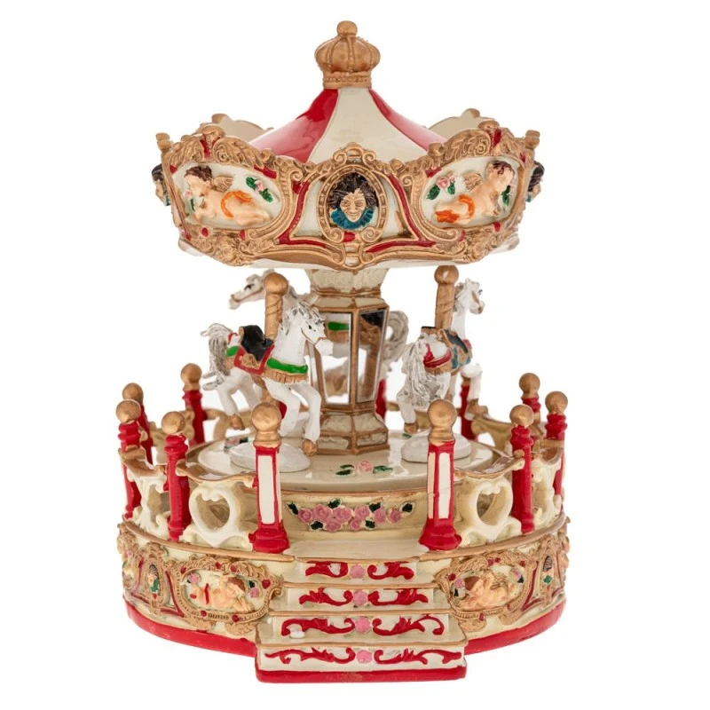 XMAS RESIN WINDING CAROUSEL WITH HORSES, MUSIC AND MOVEMENT 15,5X14X17CM