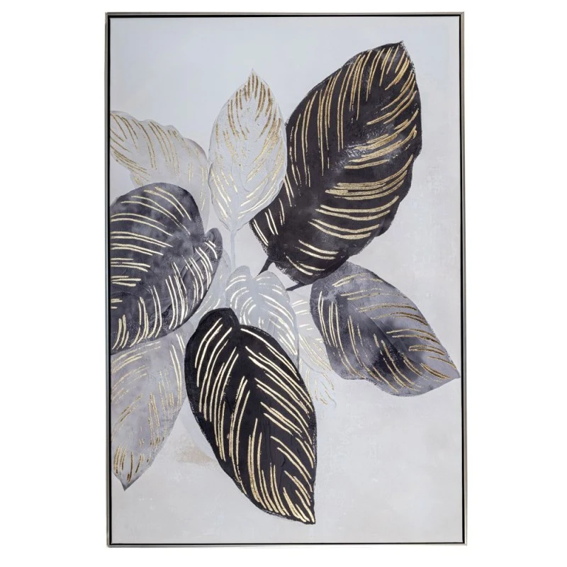 LEAVES OIL PAINTING 80Χ120CM WITH SILVER FRAME ON PRINTED CANVAS