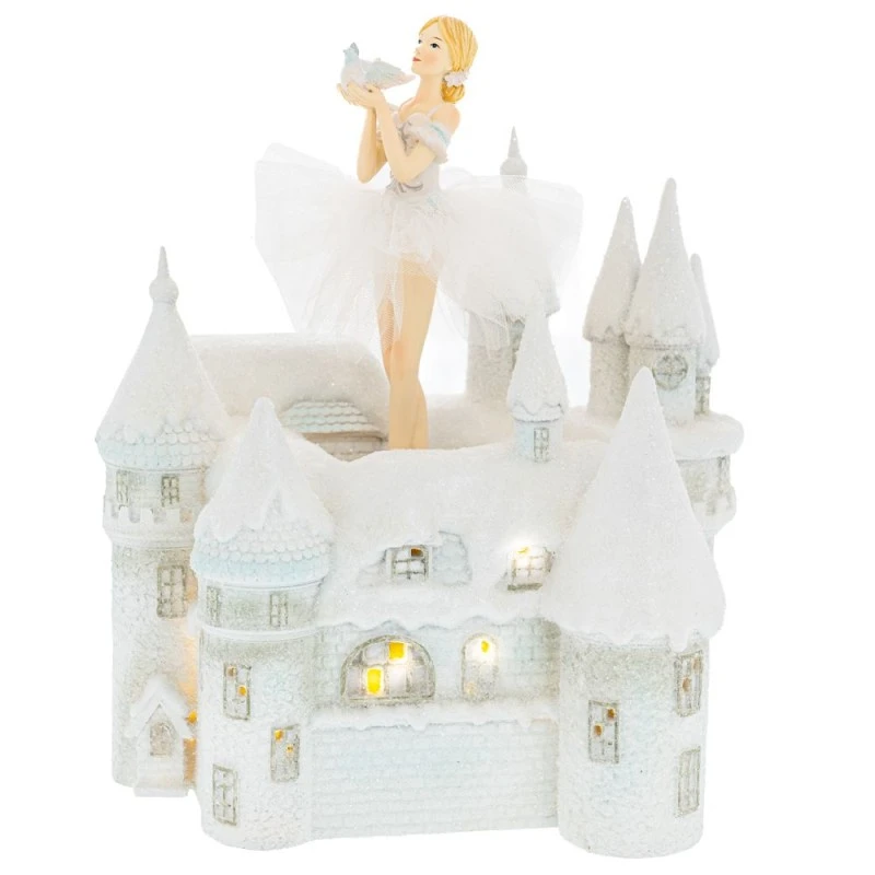 WHITE RESIN  BALLERINA IN ROTATED MUSICAL  CASTLE WΙΤΗ LED 26Χ20Χ29.5CM