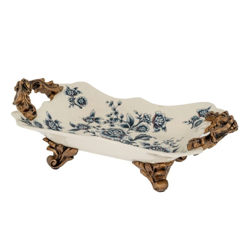 DECO WHITE POLYRESIN TRAY WITH FLOWERS AND GOLD HANDLES 38X23X11CM