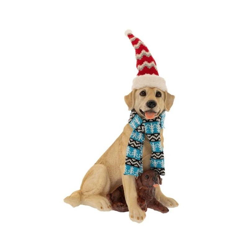 XMAS RESIN GREY DOG WITH RED CAP SCARF BLUE 24,5X20X29CM.