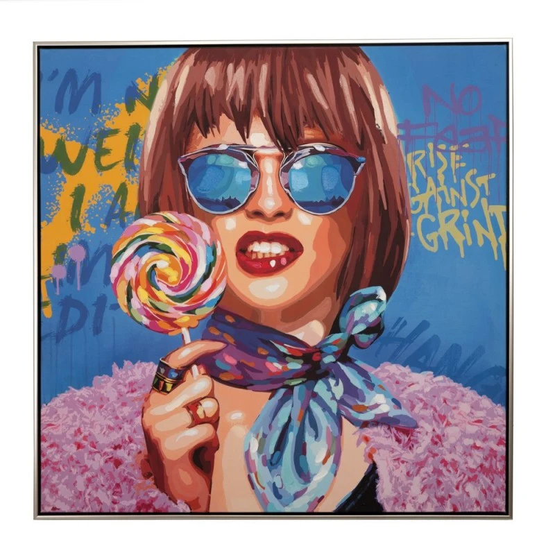OIL PAINTING ON TOP OF PRINTED CANVAS WOMAN WITH  SUNGLASSES AND BLUE BACKROUND IN SILVER FRAME 82Χ4Χ82CM
